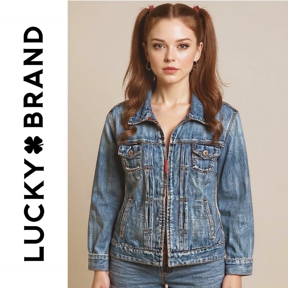 Y2K Lucky Brand Denim Trucker Blue Jean Jacket Blue Faded Zip Size XL